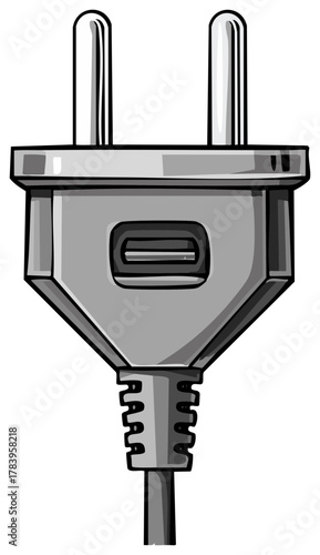 Illustration of a gray two-pin electrical plug with a power cord