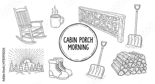 Cozy winter essentials on cabin porch with snowy elements in rustic style