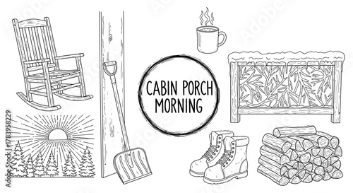 Cozy cabin porch morning with winter essentials in rustic style