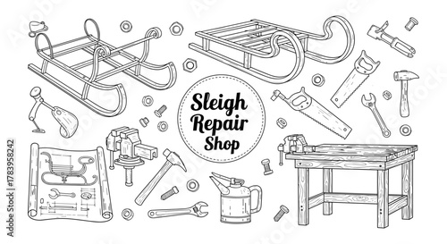 Sleigh repair shop tools line art: diy crafting essentials in black and white