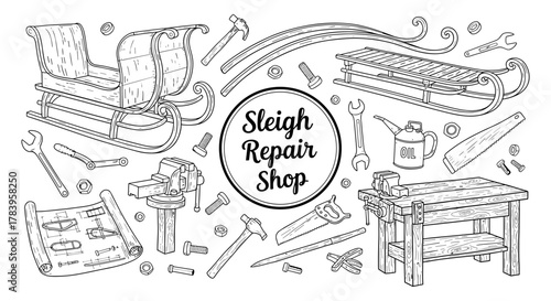 Vintage sleigh repair workshop outline with tools and blueprints