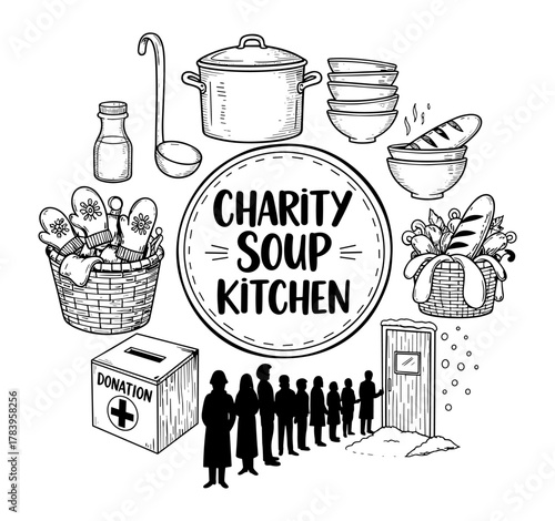 Hand drawn charity soup kitchen theme with food, donations, and community elements