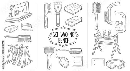 Ski waxing bench tools outline set for maintenance and repair