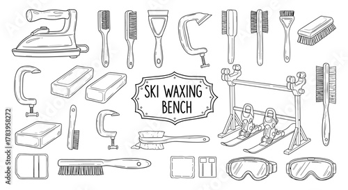 Ski waxing tools set with equipment and accessories in line art style