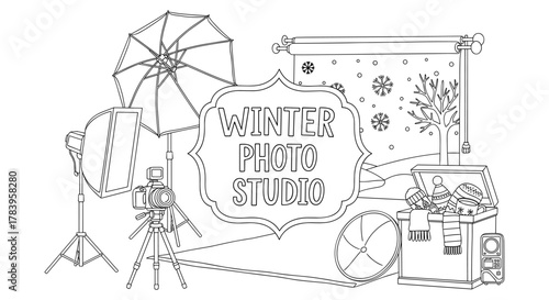 Cozy winter photography studio setup with seasonal decorations and equipment
