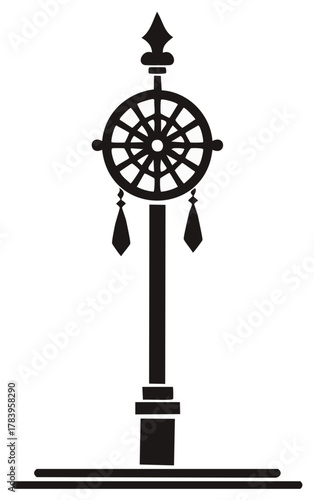 Black Dharma wheel icon design on a pole for religious, culture, or spiritual concepts