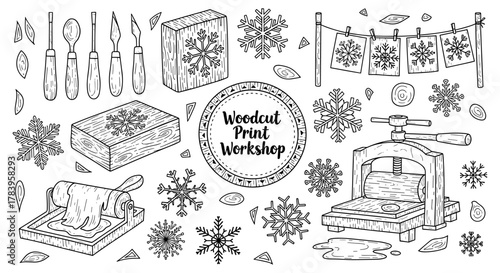 Hand drawn woodcut printmaking workshop with tools and snowflake designs