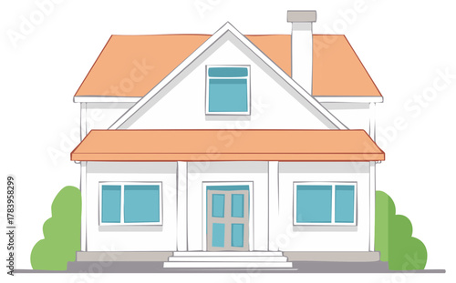 Simple cartoon illustration of a detached house with orange roof and blue windows