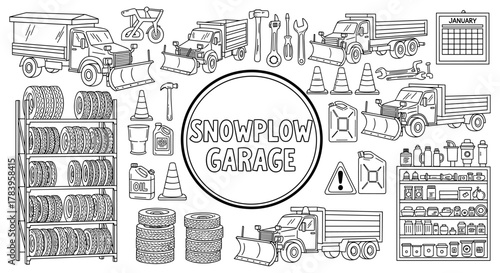 Snowplow garage equipment and vehicles in linear style for winter maintenance