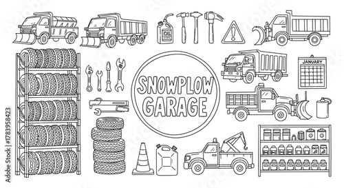 Snowplow garage equipment and vehicles in a detailed linear outline style