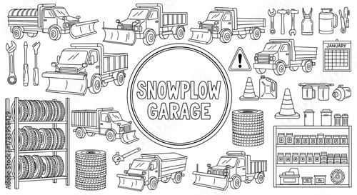 Snowplow garage line art with trucks and tools