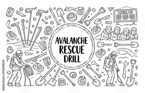 Avalanche rescue drill in monochrome doodle style: safety equipment and team preparation