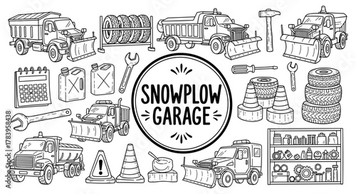 Monochrome snowplow garage with winter equipment and tools