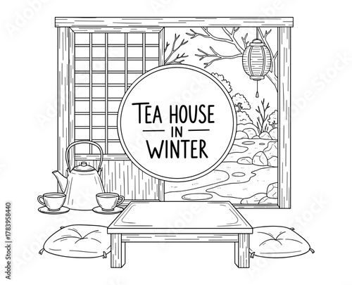 Winter tea house scene with traditional japanese elements in line art style