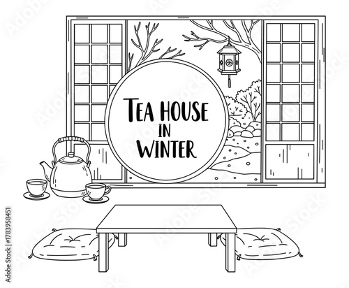 Cozy winter tea house window scene with traditional elements and nature view