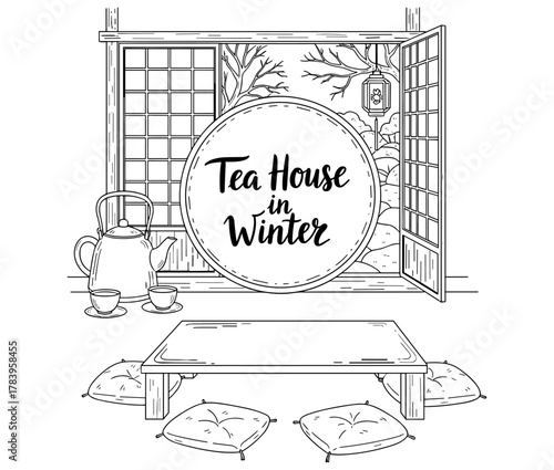 Cozy winter tea ritual in japanese house with open sliding doors and snowy garden view