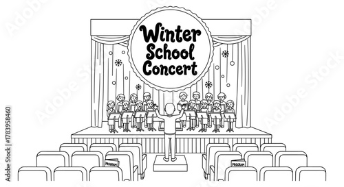 Winter school concert with orchestra performance on stage in black and white line art