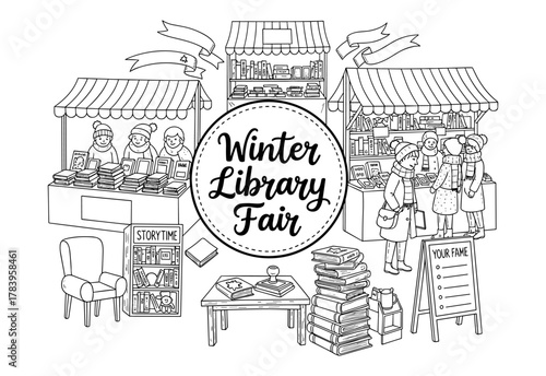Winter library fair market scene with book stalls and visitors in black and white