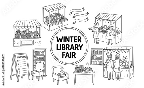 Hand-drawn winter library fair scene with bookstalls and cozy elements