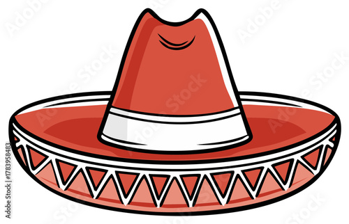 Traditional red sombrero with white band and patterned brim for festive occasions