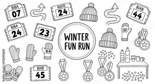 Winter fun run doodle: hats, mittens, route signs, medals, and refreshments