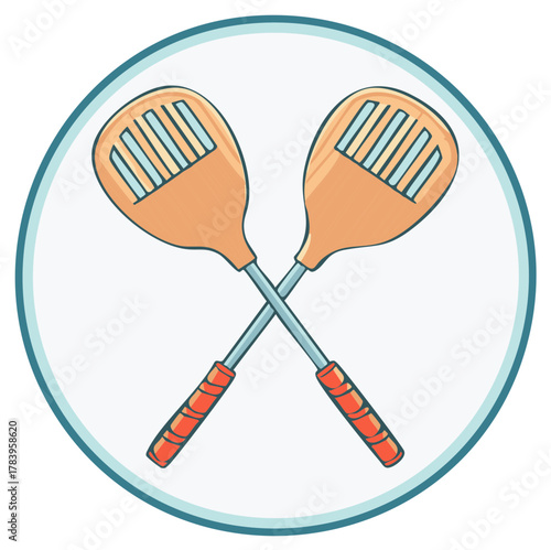 Crossed barbecue spatulas cartoon illustration, cooking utensil emblem