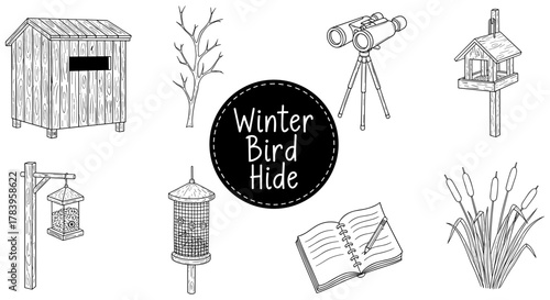 Winter bird hide: monochrome wildlife observation with birdhouse and binoculars