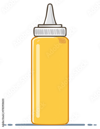Mustard bottle illustration, condiment dispenser, yellow sauce, cartoon style
