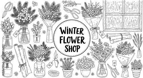 Winter flower shop hand-drawn set with wildflowers, vases, and berries on wood background