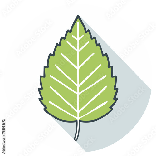 Green leafy graphic illustration of a pointy leaf with blue outline and drop shadow