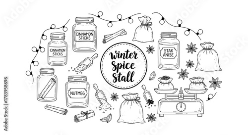 Hand drawn winter spice stall with jars and scales in black and white