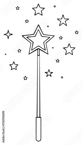 Elegant Black and White Magic Wand with Stars - Illustration with Hand Drawn Look