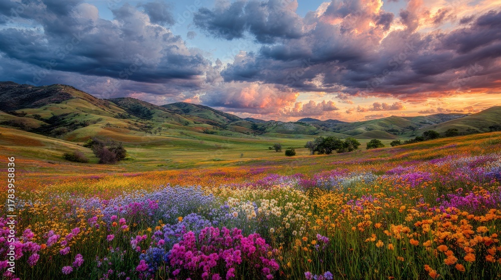 Fototapeta premium Vibrant Wildflower Meadow Under Dramatic Sky at Dusk with Colorful Blooms, Rolling Hills, and Soft Clouds in Background Creating a Serene Landscape