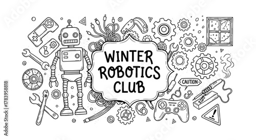 Winter robotics club doodle with robot, gears, and coding elements