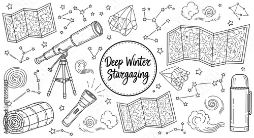 Celestial exploration: winter stargazing maps and tools in linear style
