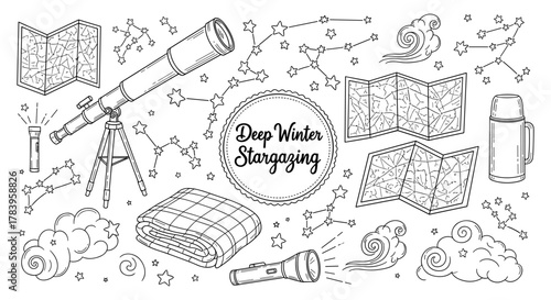 Cosmic exploration: winter stargazing essentials in hand-drawn style