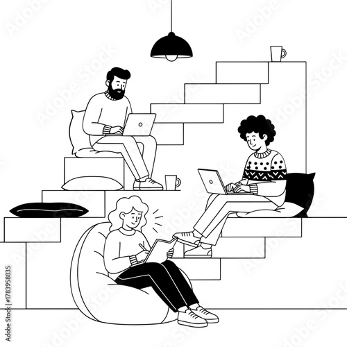 Diverse team working remotely on a staircase, collaborating on laptops modern work concept