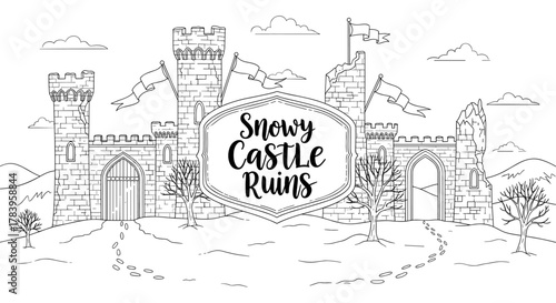 Snowy castle ruins line art with winter landscape and historic architecture