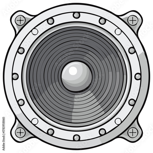 Cartoon style audio speaker illustration in grayscale. Loud music sound system equipment vector icon.