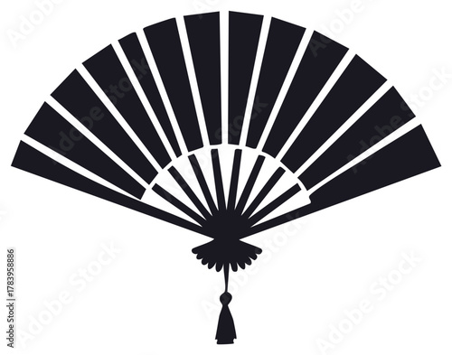 Elegant Asian folding hand fan with tassel black silhouette icon
