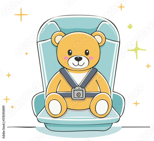Cute cartoon teddy bear buckled securely in a child car seat for safety and travel