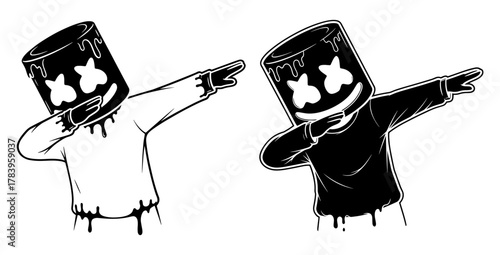 Two marshmallow cartoon characters are dabbing, one in black and white, , and the other in black