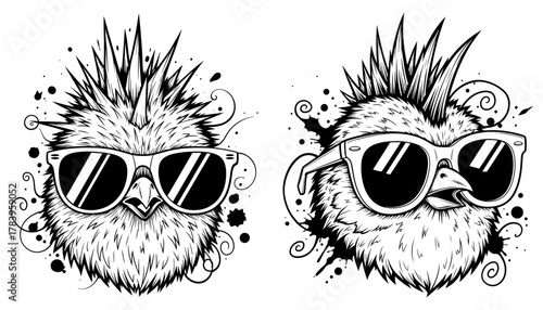 Two cool cartoon chicks with sunglasses, one with white frames and the other with black frames
