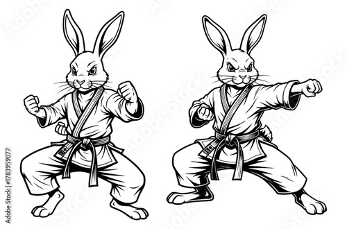 Two cartoon rabbits in karate suits, standing in fighting poses with angry expressions on their faces