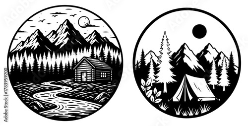 Two circular emblems showcase nature scenes, one with a cabin by a river and the other with a tent and mountain view