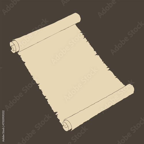 Antique papyrus scroll banner vector illustration with an old feather pen, blank ancient parchment document for a vintage map or medieval letter message design
