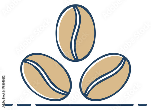 Three stylized coffee beans with dark blue outlines forming a triangular pattern