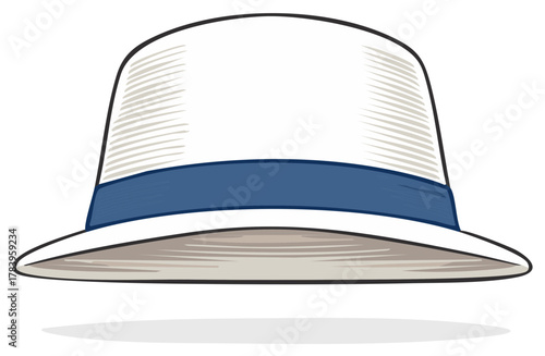 Elegant graphic illustration of a white Panama hat with a stylish blue band