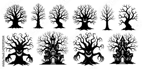 Collection of spooky trees and haunted houses silhouette perfect for halloween designs and scary themes