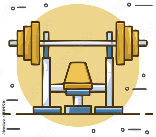 Weightlifting bench press illustration with weights, fitness equipment, training design